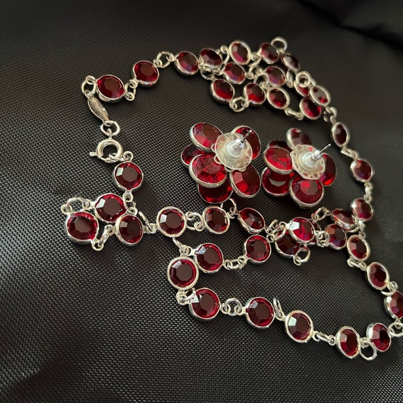 Rafaelian Open Bezel Set Crystal Red Chiclet Necklace and Earrings Set NOS - Picture 10 of 16